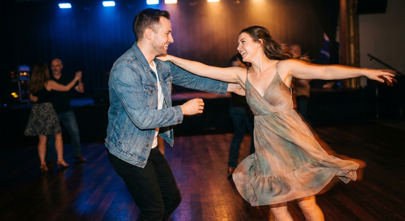 Dancers in an intimate blues dance under atmospheric lighting